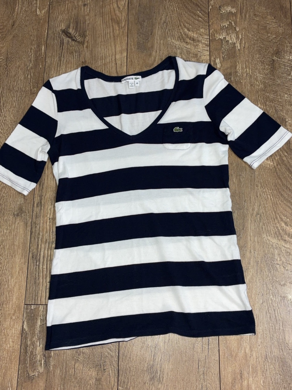 Lacoste Navy & White Striped V-Neck Tee with Pocket